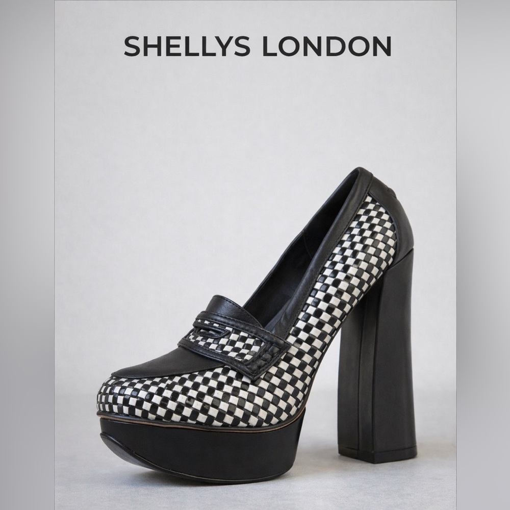 Shellys London Women’s Black & White Checked Platform Heels Size 8M Chunky 5”